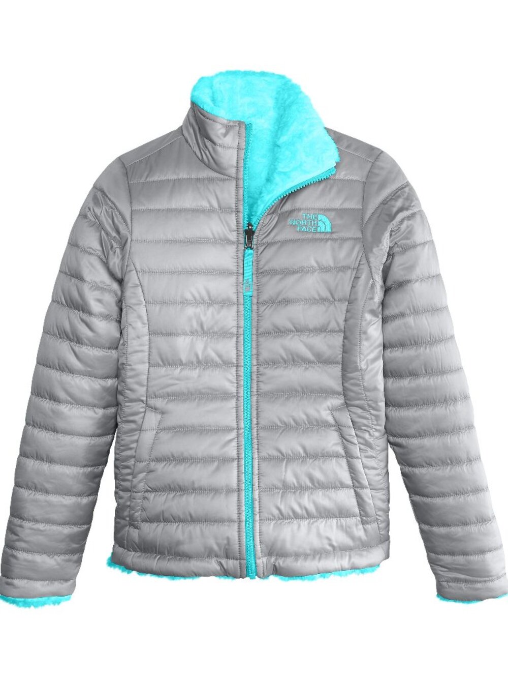 The North Face Reversible Mossbud Swirl Winter Jacket Girls Gray Turquoise XL 18